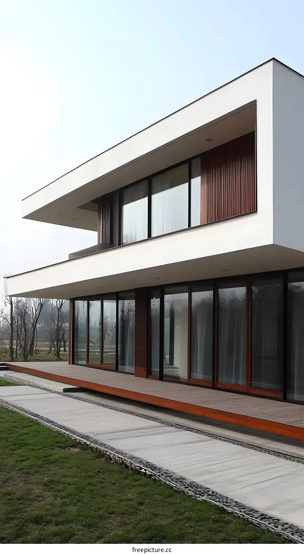 Modern Minimalist House Exterior Design with Large Windows and Wooden Deck