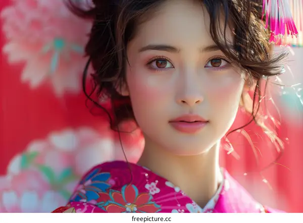 Portrait of a beautiful Japanese woman in traditional kimono