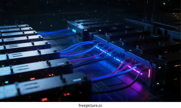 Data Center Server Racks with Colored Network Cables Illumination