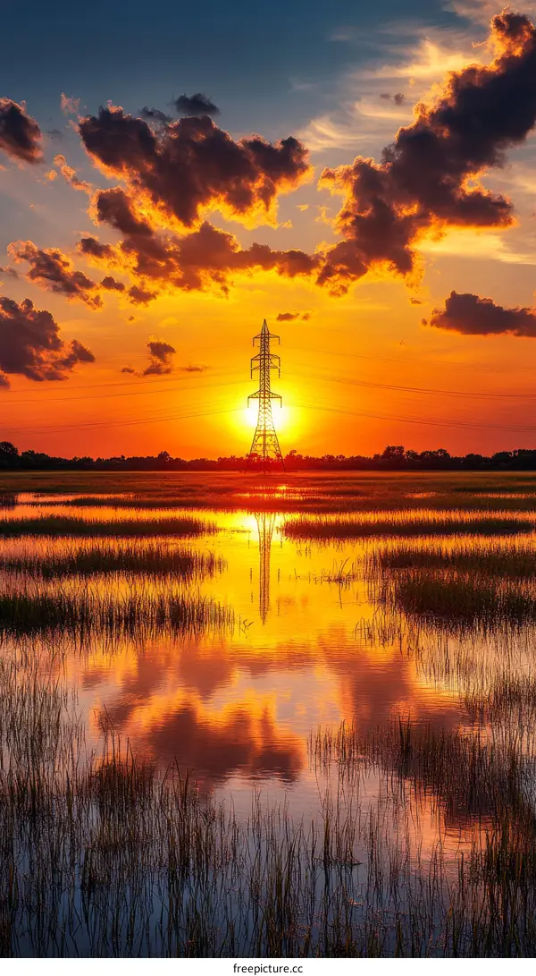 Sunset Reflection Over Marshes with Power Line Tower