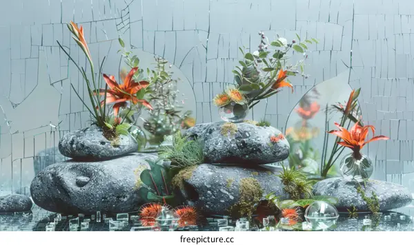 plants and rocks in front of broken glass