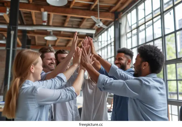 A group of diverse business professionals celebrating their success with a high five in a modern office