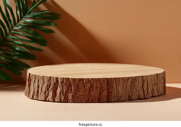 Wooden Stump Display Stand with Tropical Leaf