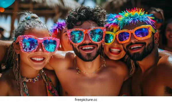 Happy Friends Wearing Colorful Sunglasses at a Beach Party