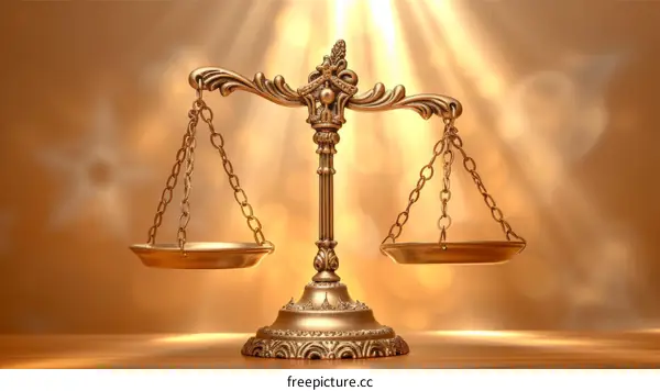 Ornate golden scales of justice on a wooden table with a glowing background