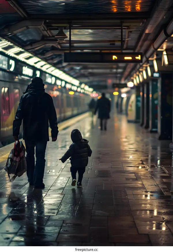 A Father and His Child Walking on a Subway Platform