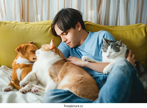 A young man is lying on a couch with a dog and a cat.