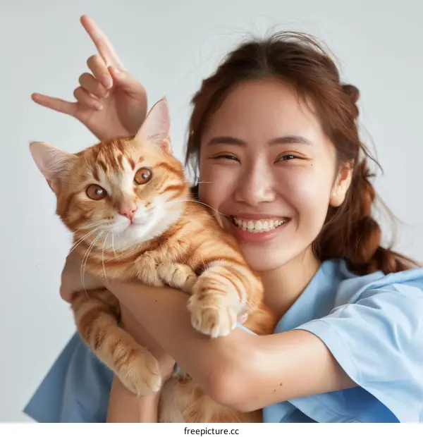 Young Asian woman smiling and holding an orange cat