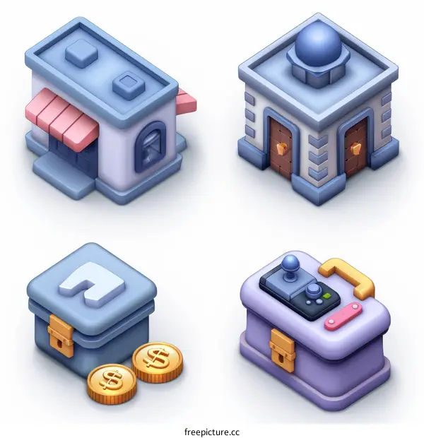 A set of four isometric buildings