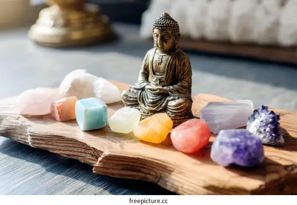 Buddha statue with healing crystals