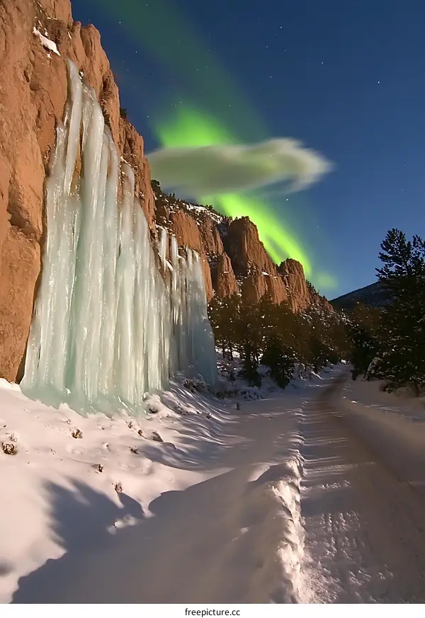 Northern Lights Over Frozen Waterfall and Mountain Road