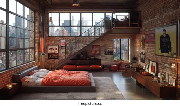 Industrial Loft Bedroom with City View