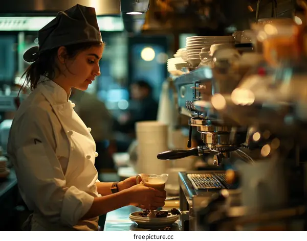A female chef is making coffee in a commercial kitchen