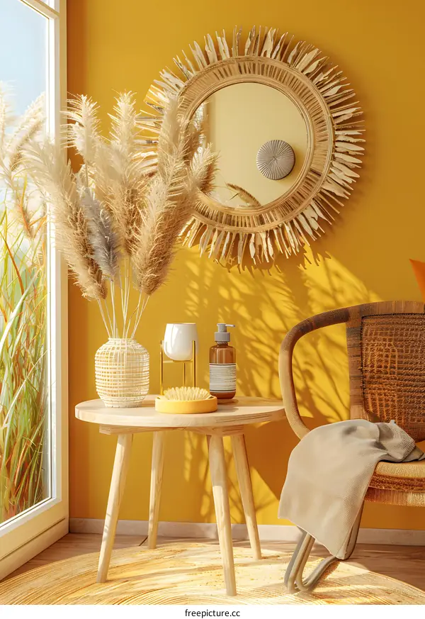 Modern Home Interior Design with Sunburst Mirror and Beige Rug