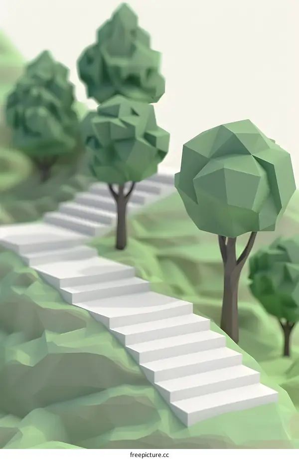 Low Poly Green Grass Stairs With Trees