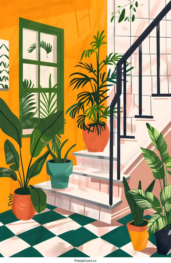 Green Plants in a Yellow House with Stairs