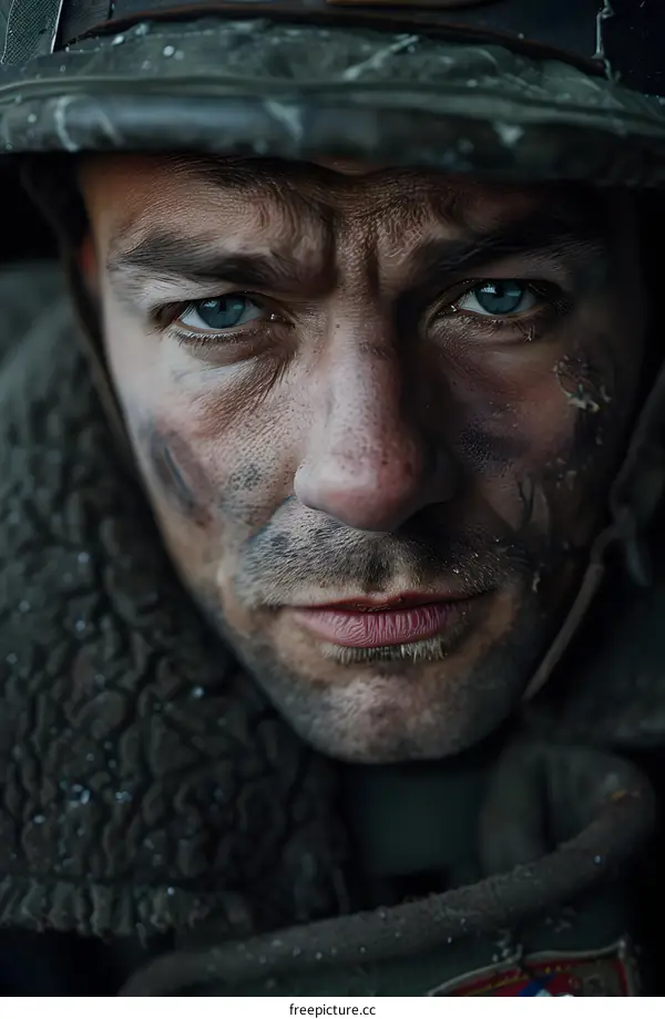 Portrait of a soldier with blue eyes