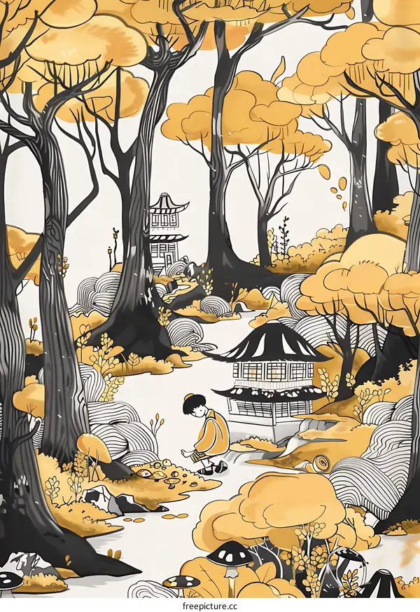 A Person in Yellow Kimono Exploring a Forest Landscape with Black and Yellow Trees and Buildings