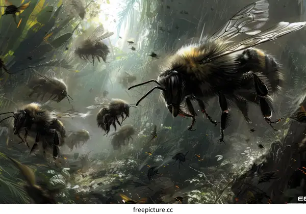 Giant bees flying in a jungle