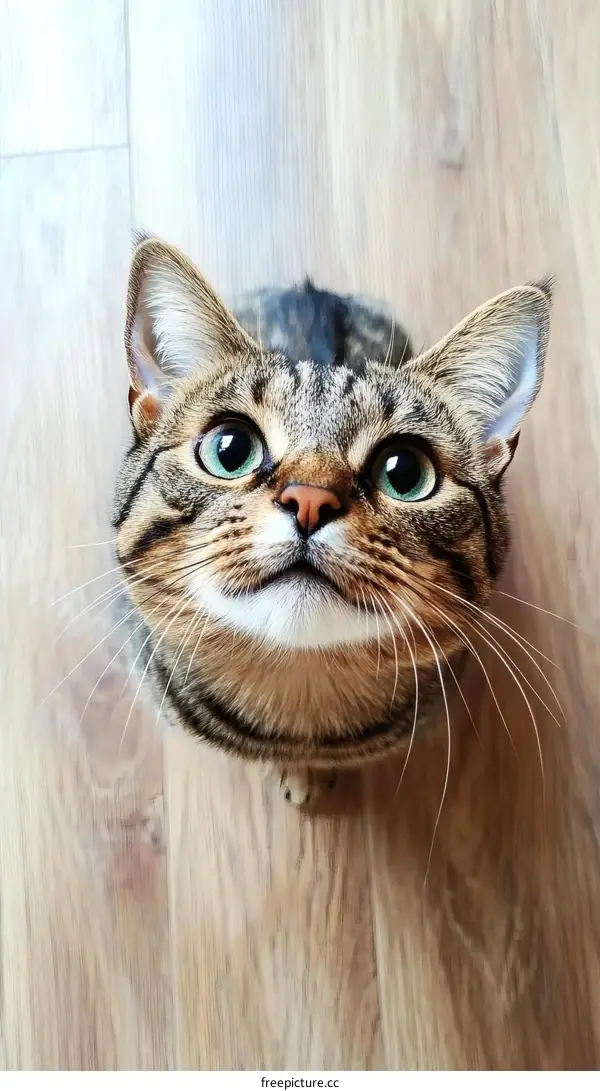 Cute Tabby Cat Looking Up at the Camera on a Wooden Floor