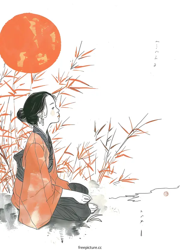 Woman Sitting in Grass with Sun and Bamboo Illustration