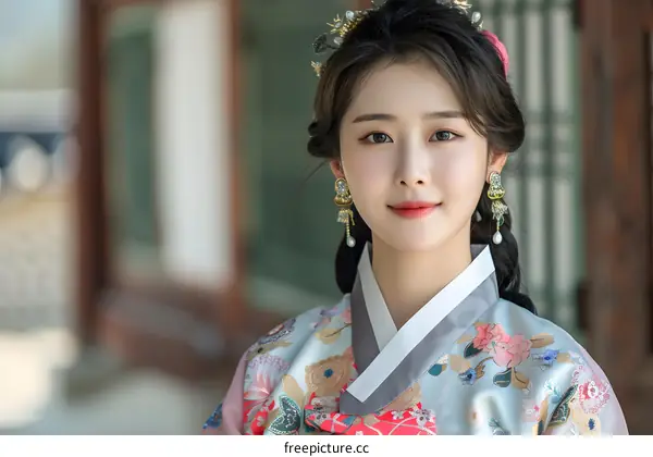 Portrait of a young woman in traditional Korean dress, or Hanbok