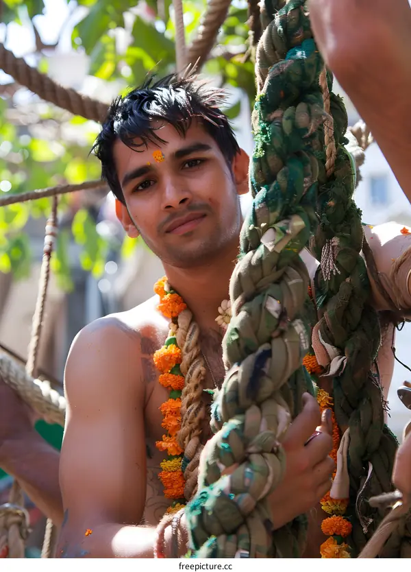 Portrait of a young Indian man with a rope around his neck