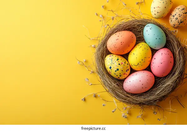 Colorful Easter Eggs in a Nest on Yellow Background
