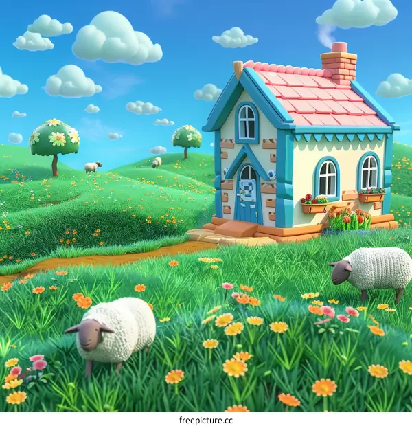 Cartoon illustration of a house in a green field with sheep