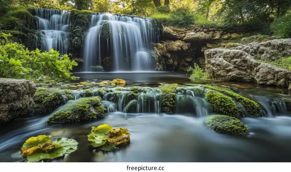 Serene Waterfall Cascading Through Lush Greenery