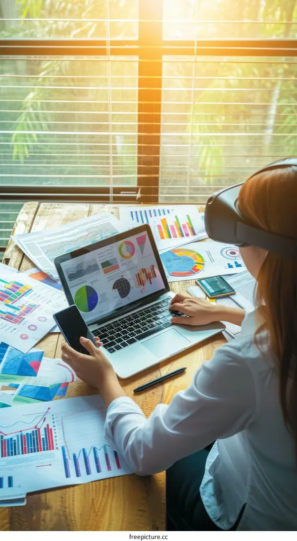 Asian businesswoman analyzing financial data using virtual reality headset