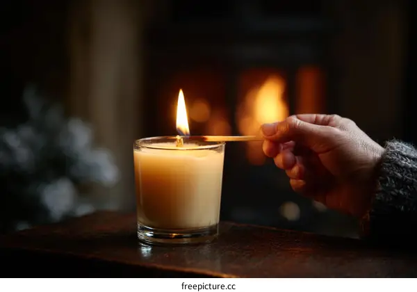 Lighting a Candle by Fireplace