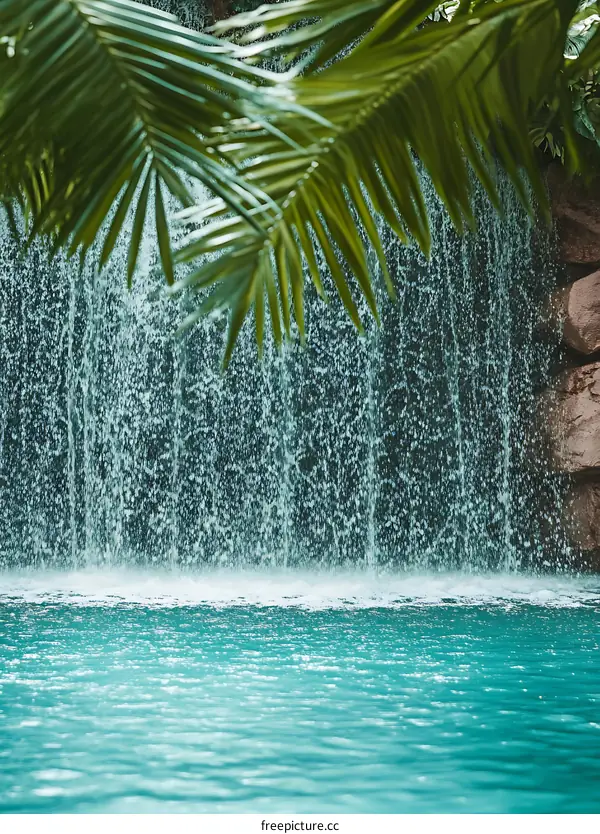 Tropical Waterfall With Lush Green Palm Leaves
