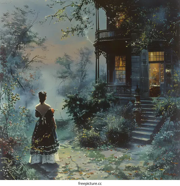 Victorian Woman Standing Before a Large House in Fog