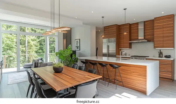 Modern Kitchen and Dining Area with Large Windows