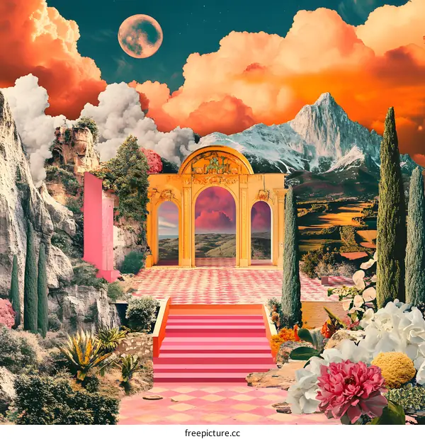 Surreal Landscape with Archway and Pink Stairs