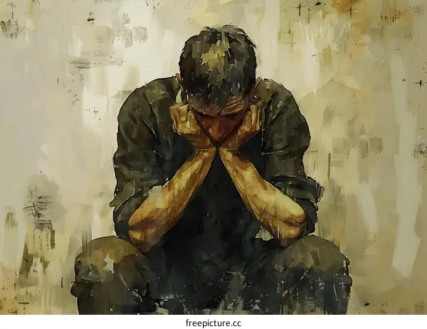 A soldier sits on the ground with his hands on his face