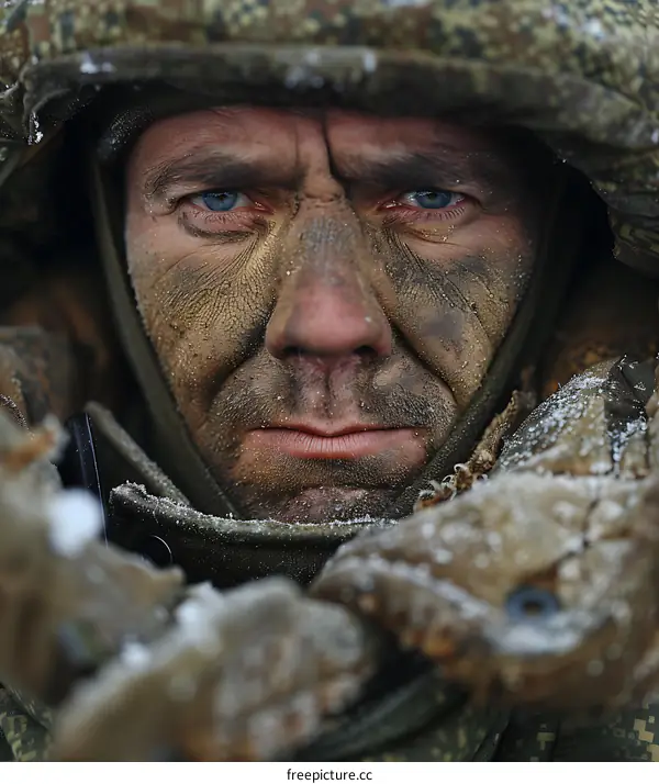 Close Up Portrait of a Soldier in Uniform with Snow on His Face