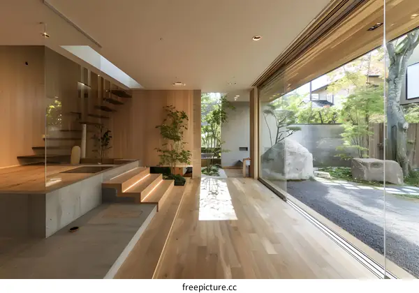 Modern Japanese Home with Wooden Floors and Large Glass Windows