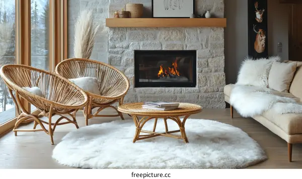 Modern Living Room with Natural Rattan Chairs and Cozy Fireplace
