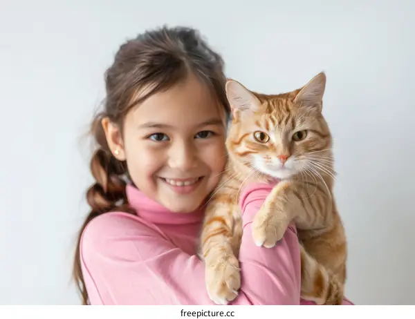 Little girl hugging a ginger cat