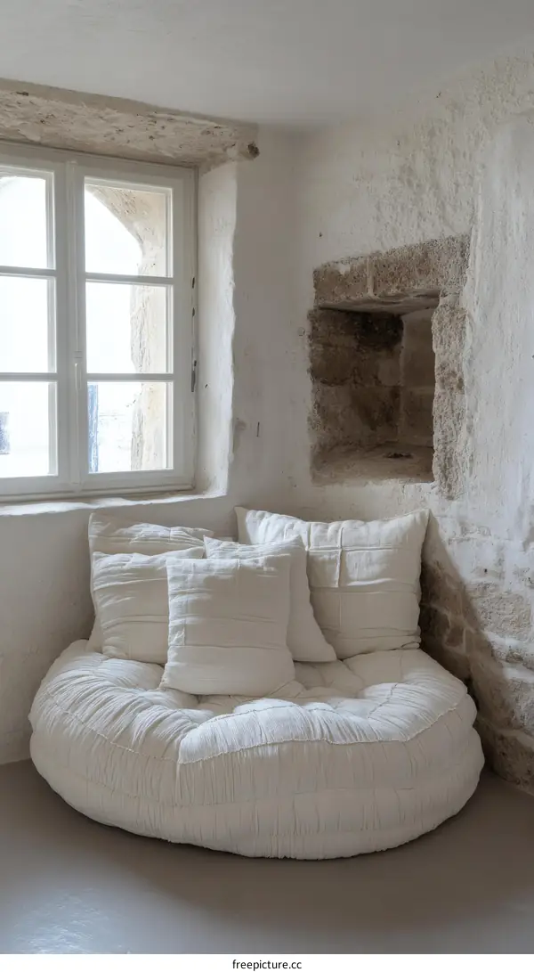 Cream-Colored Round Pouffe in a Rustic Room