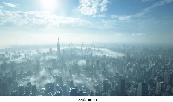 An aerial view of a metropolis cloaked in a thick layer of smog