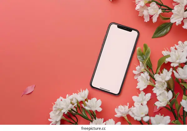 Mobile Phone Mockup With White Flowers On Pink Background
