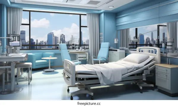 Modern Hospital Patient Room with City View