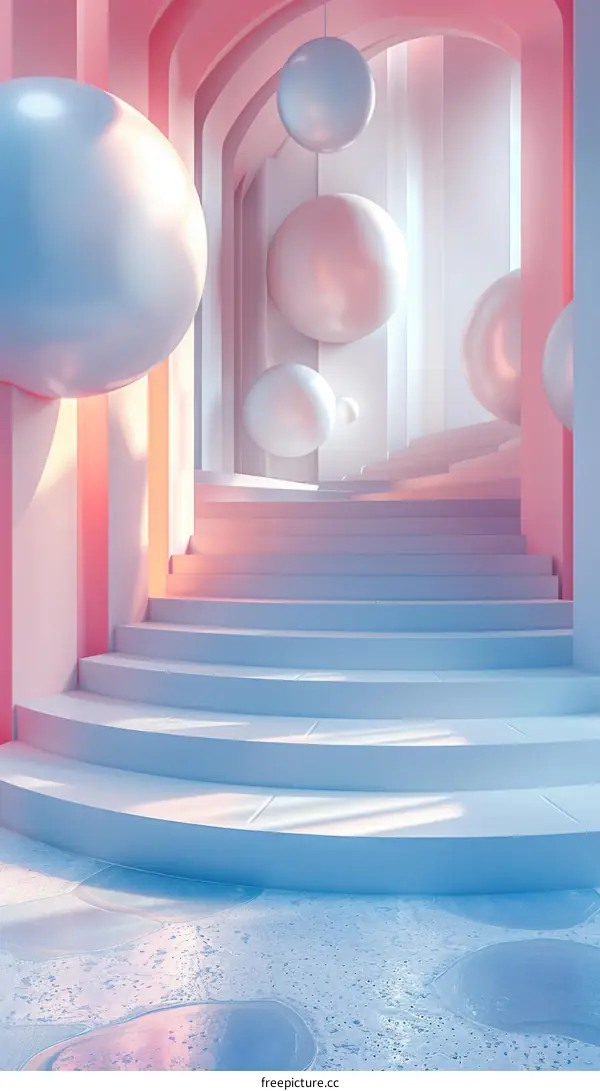Pastel Dream Stairway with Hanging Spheres