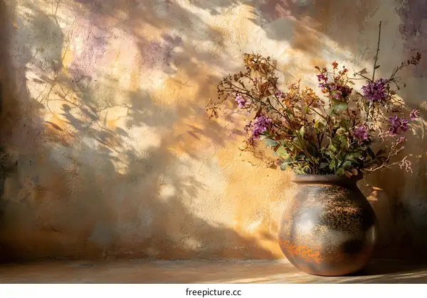 Vintage Clay Pot With Dried Flowers In Front of Wall With Shadow