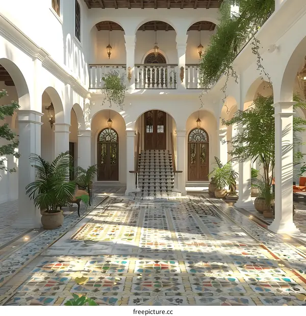 White Interior Design With Arched Entryway And Colorful Floor