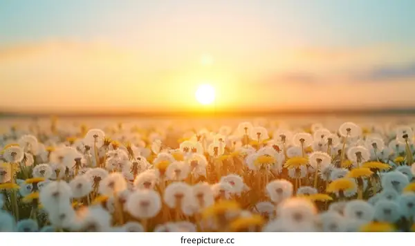 Field of dandelions at sunset