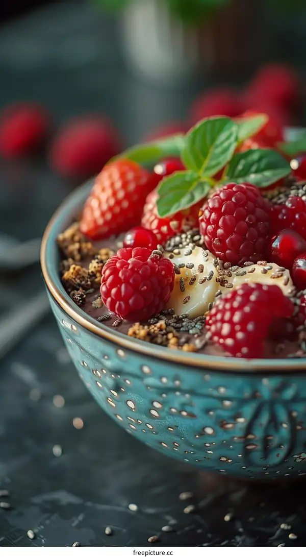 Raspberries and chia seeds in a bowl